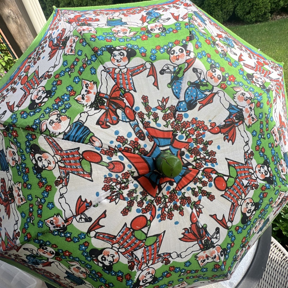 VTG Chinese‎ Childrens Parasol Umbrella Cloth & Wood Doll Handle Swallow Brand - Picture 8 of 11